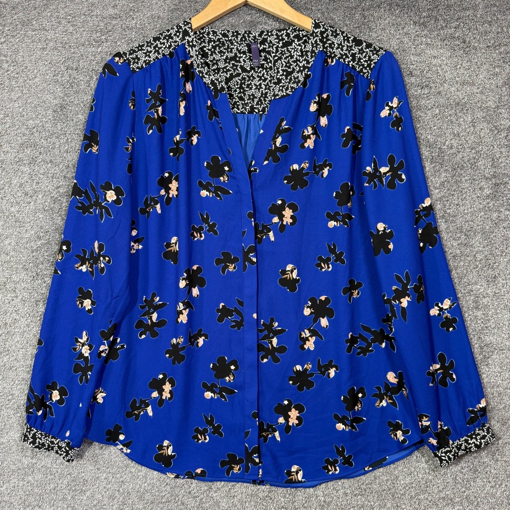 NYDJ Blouse Womens PM Petite Med Blue‎ Floral Mixed Print Split Neck Button